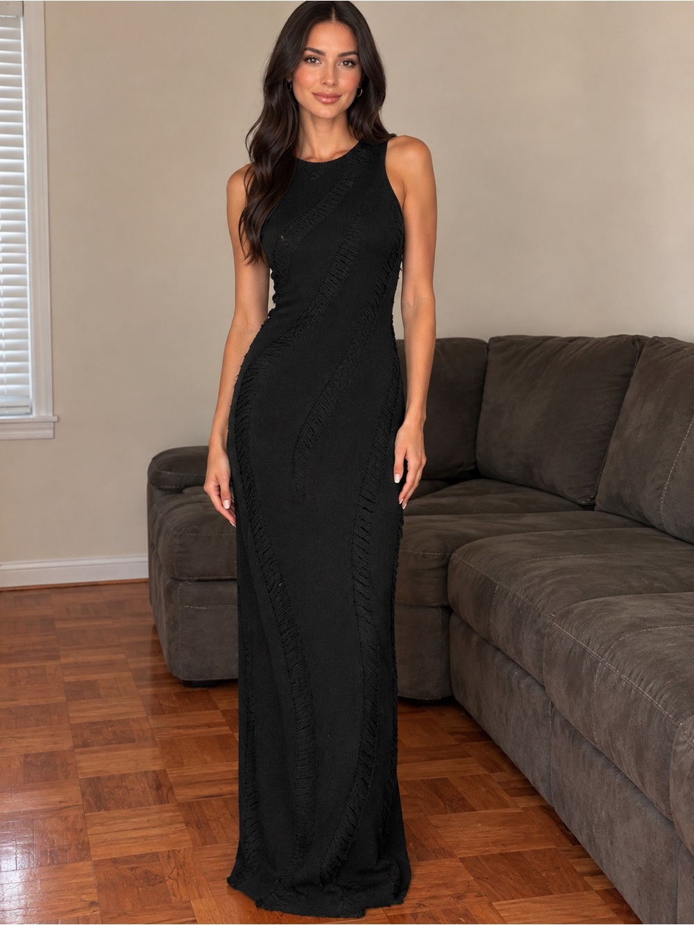 Women's Black Sleeveless Maxi Dress with Distressed Detail